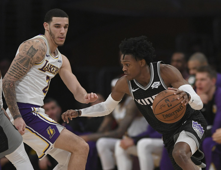  Lonzo Ball #2 of the Los Angeles Lakers guards De'Aaron Fox #5 of the Sacramento Kings