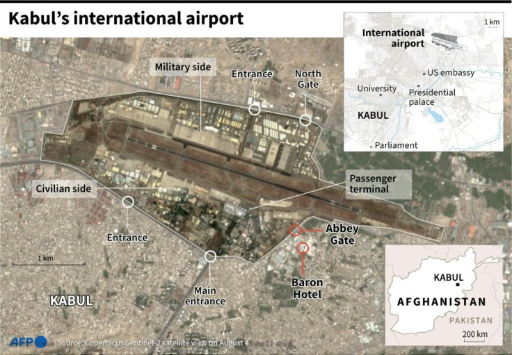 Map showing the location of Kabul's international airport with its entry points, and where explosions were recorded on Thursday.