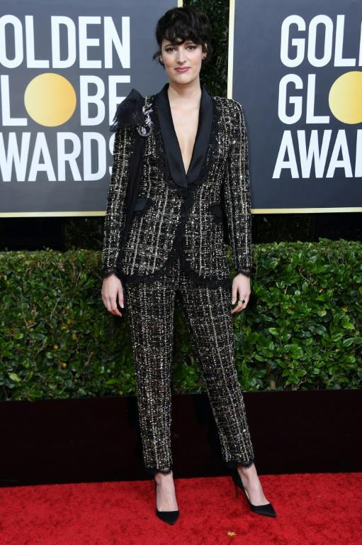 British actor Phoebe Waller-Bridge in the suit she will auction for Australian relief efforts
