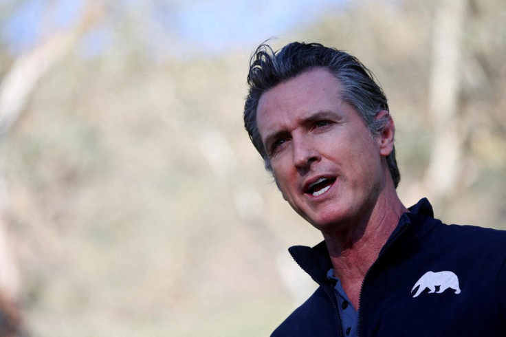California Governor Gavin Newsom delivers remarks as he tours the U.S. Forest Service's Del Rosa Fire Station