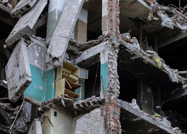 A view shows an apartment building damaged during Ukraine-Russia conflict in the town of Popasna